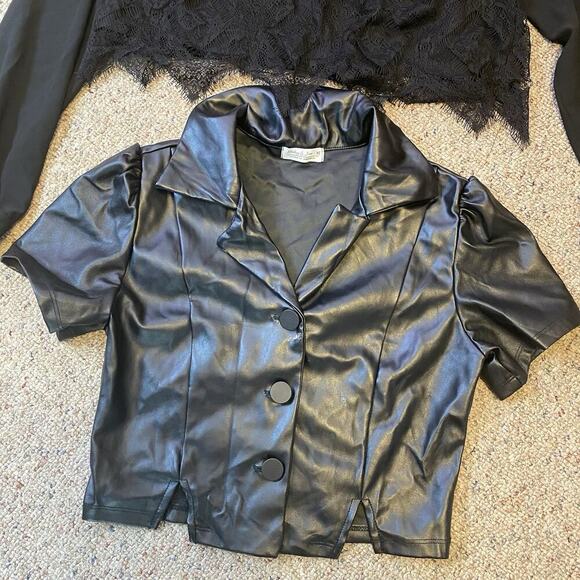 Chloe K S Black Sheer Lace & Haley&Jane XS Faux Leather Top Black Goth Grunge - Picture 3 of 6